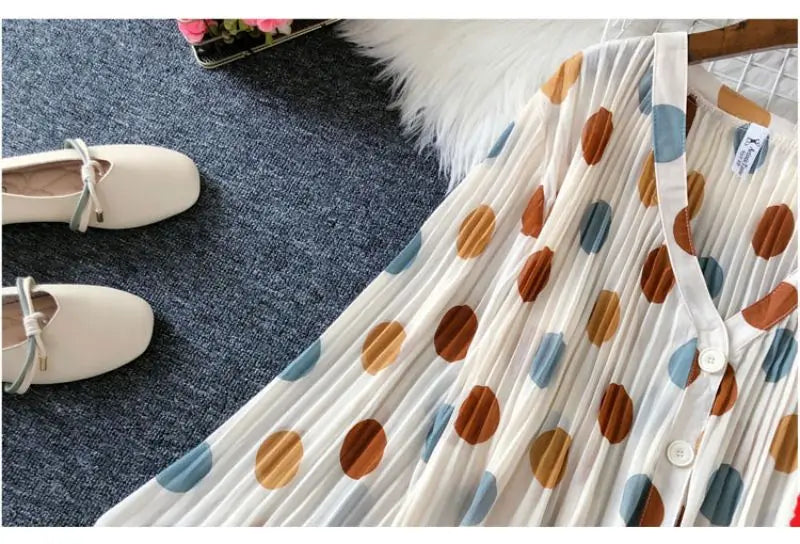 Polka Dot Casual V-Neck Chiffon Blouse with Single Breasted Button and Lantern Sleeve Folds Lightweight Women's Top