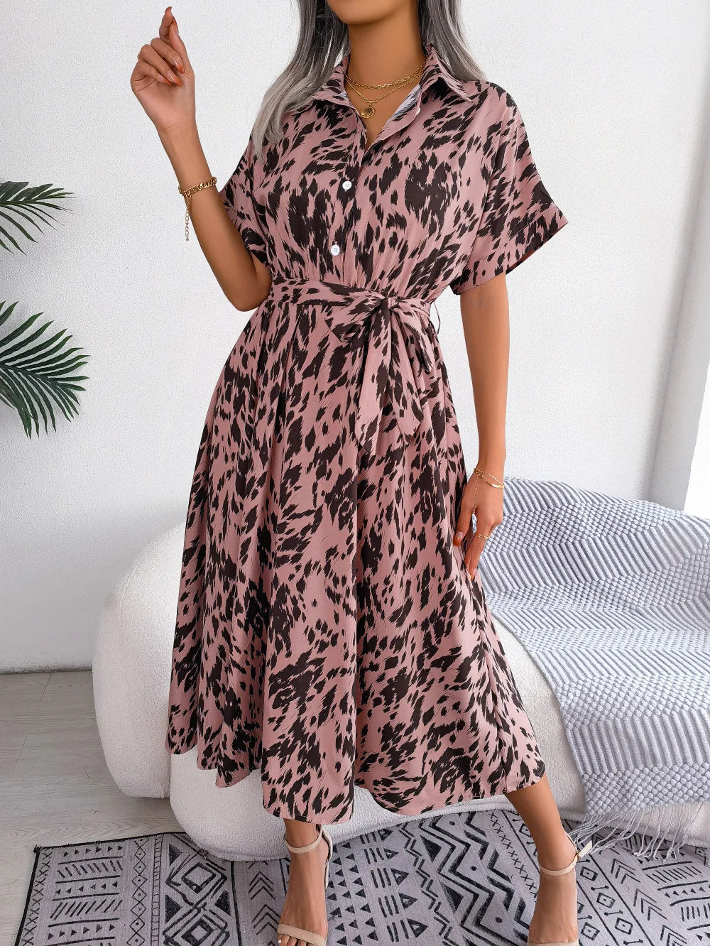 Leopard Print Shirt Dress Lace Up Casual Summer Style