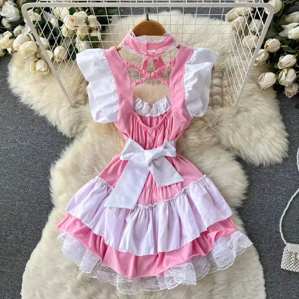 Pink Lolita Maid Dress Mini Short Patchwork Lace Details