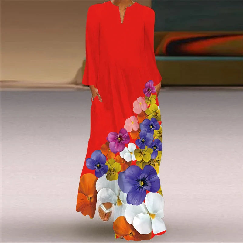 Printed V Neck Long Sleeve Dress With Large Pockets