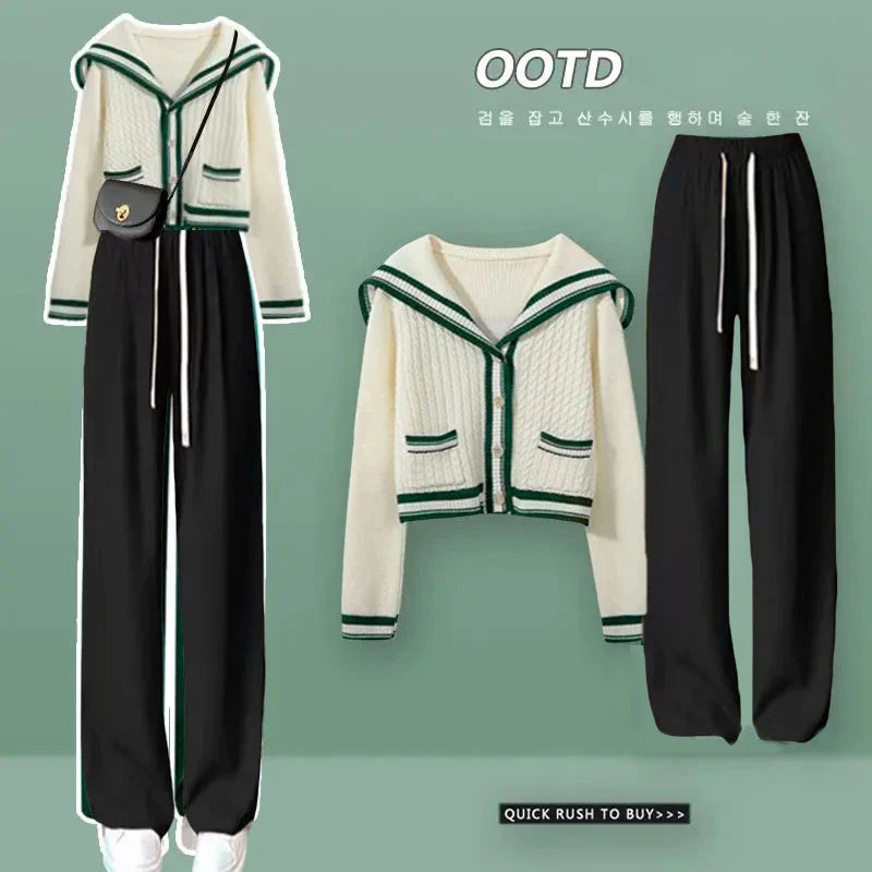 Preppy Style Knitted Two Piece Set with Sailor Collar Sweater and Elastic Pants for Women's Korean Sportswear