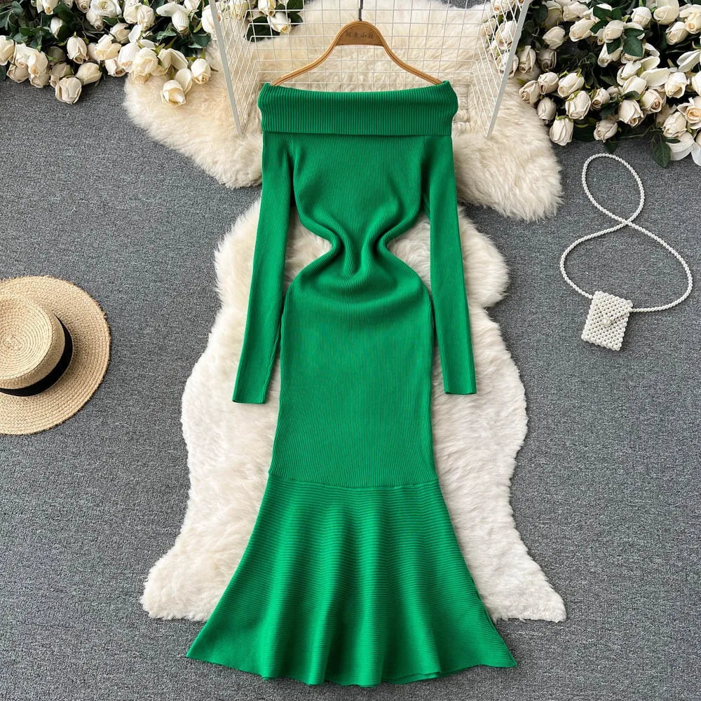 Elegant Knit Mermaid Dress Wrap Off Shoulder Long Sleeve