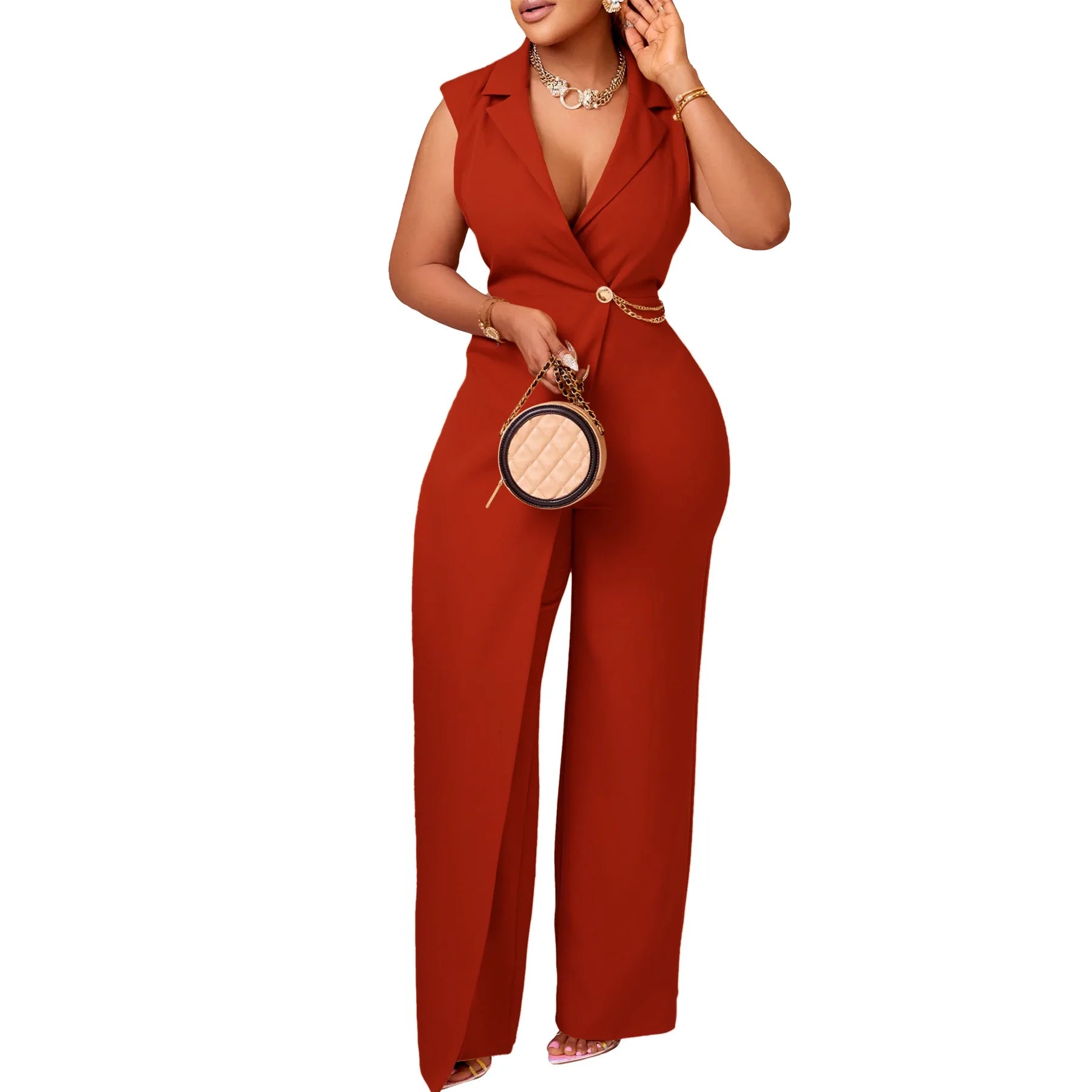 Elegant Sleeveless Jumpsuit with Turn Down Collar High Waisted V Neck Straight Leg Romper for Women Birthday Party Overalls