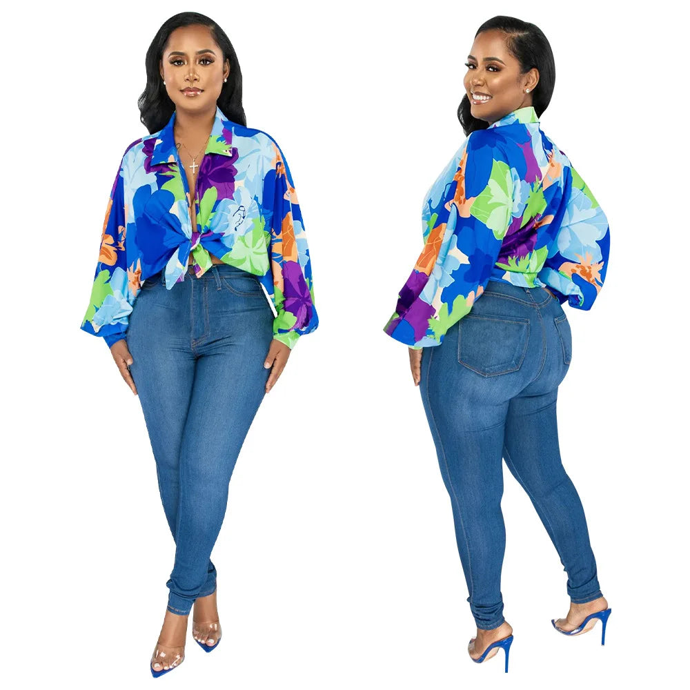 Women's Printed V-Neck Ramie Shirt Loose Bat-Sleeve Summer Top with Belly Cover Age-Reducing Design