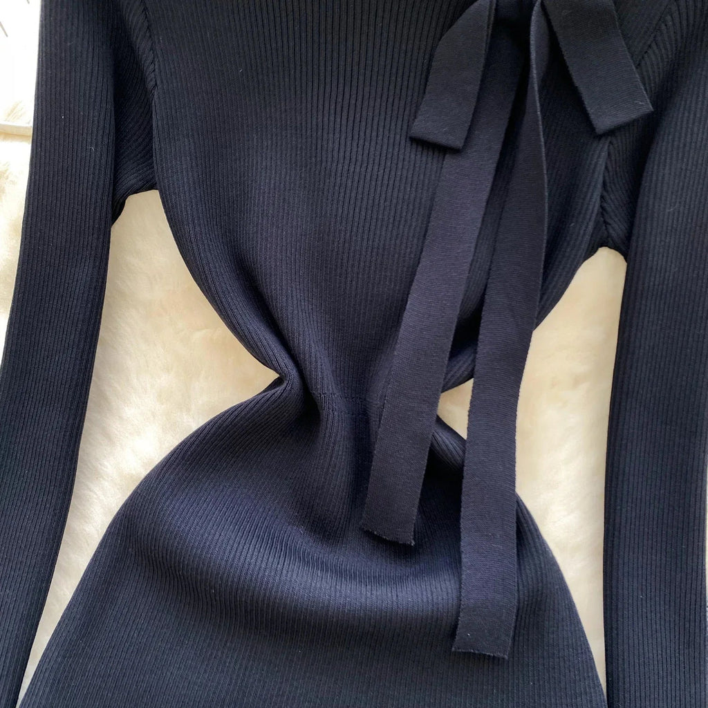 Knitted Short Dress With O Neck Bow Bodycon Chic Style