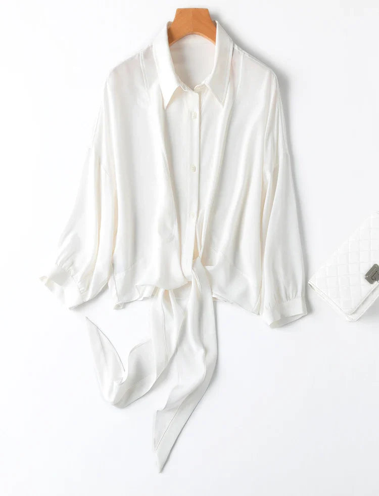 Women 100 Percent Mulberry Crepe Silk White Blouse Lantern Sleeves Bow-Tie Hem Loose Fit Office Top