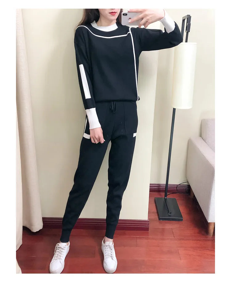 Knitted Casual Two Piece Set for Women Featuring Long Sleeve Pullover Sweater and Stylish Pants Suit