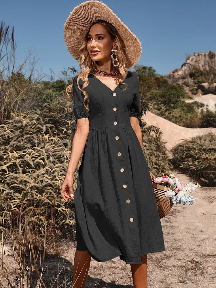 Women's V Neck Button Down Midi Dress Aline Sundress