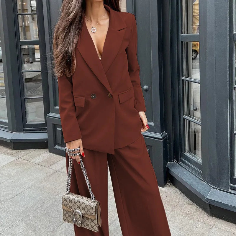 Fashion Solid Blazer Suit and Wide Leg Pants Two Piece Set for Women Autumn Winter Office and Street Style Outfit
