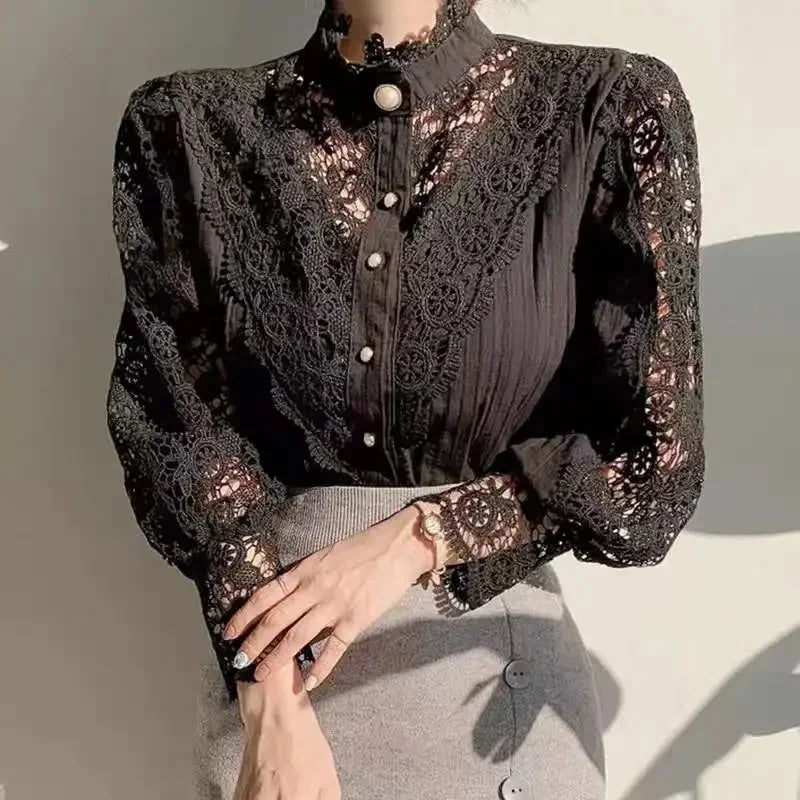 Women's Lace Petal Sleeve Blouse with Stand Collar Hollow Out Floral Patchwork Top Elegant Lightweight Shirt
