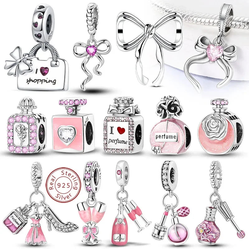 Fit 925 Sterling Silver Bow Perfume Bottle Pink Charms Beads for Women DIY Jewelry Gifts