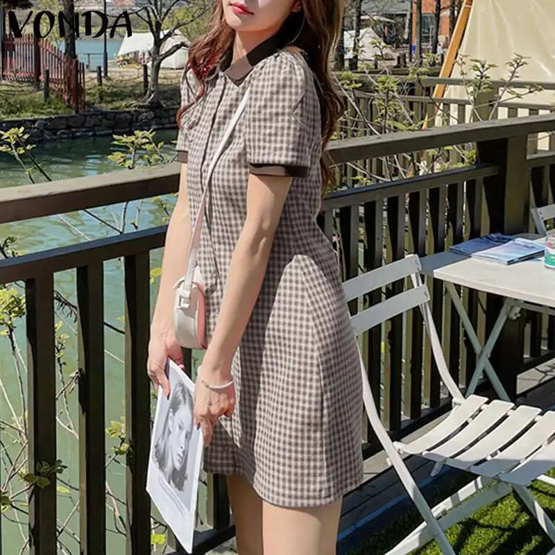 Boho Plaid Mini Dress Puff Sleeve A Line Sundress Style