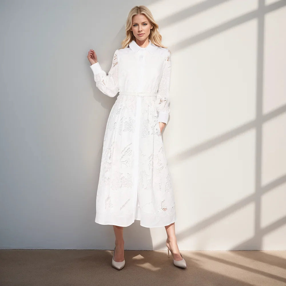 Patchwork Lace Hollow Dress Belted Lantern Sleeve For Women