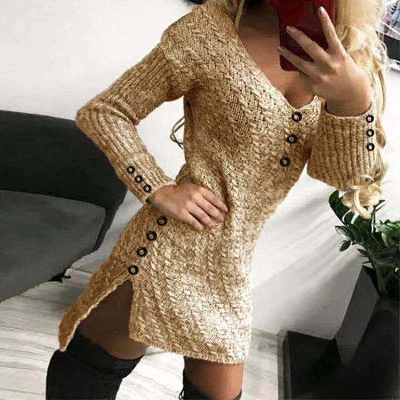 V Neck Knitted Dress Slim Fit Autumn Winter Solid Color