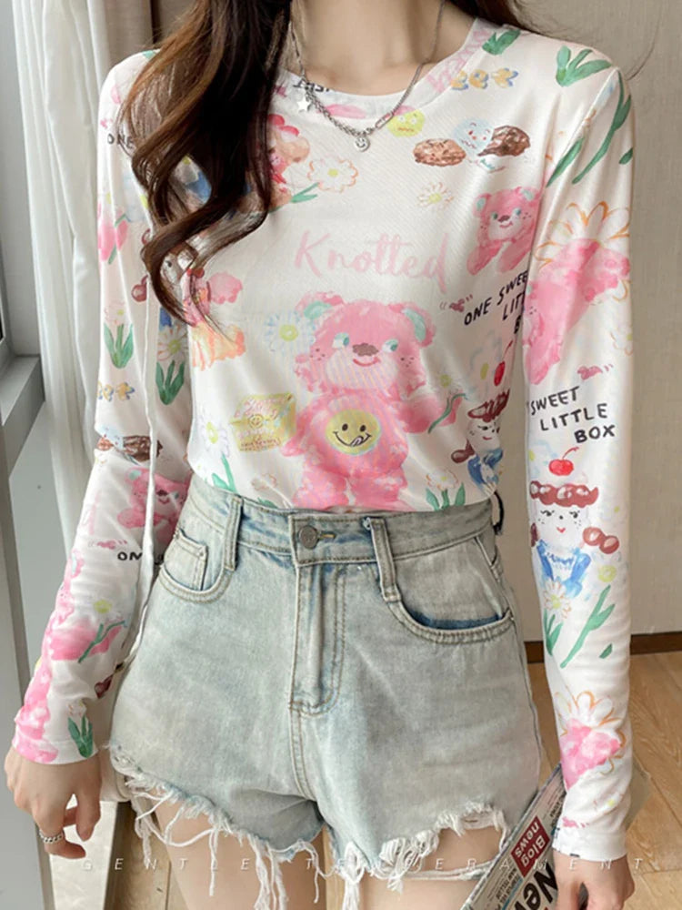 Women's Sexy See-Through Mesh Blouse Long Sleeve Transparent Elegant Printed Shirt Fashion Top