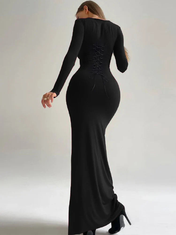 Lace Up Bandage Maxi Dress Black Long Sleeve Bodycon