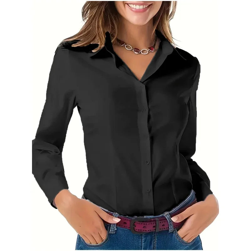 Solid Button Front Shirt Elegant Long Sleeve Lapel Blouse Lightweight Basic Top for Spring and Fall Women's Fashion Office Casual Wear
