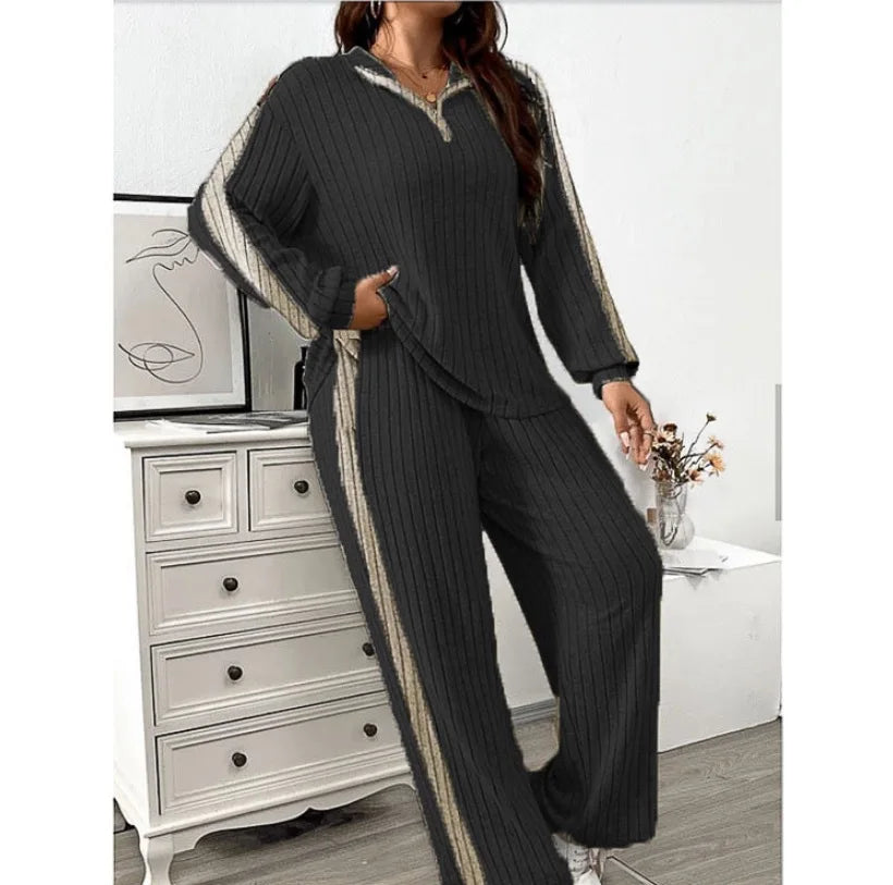 Women Loose Knit Sweater and Wide Leg Pants Two Piece Set with Stripe Color V Neck Design for Autumn and Winter Homewear