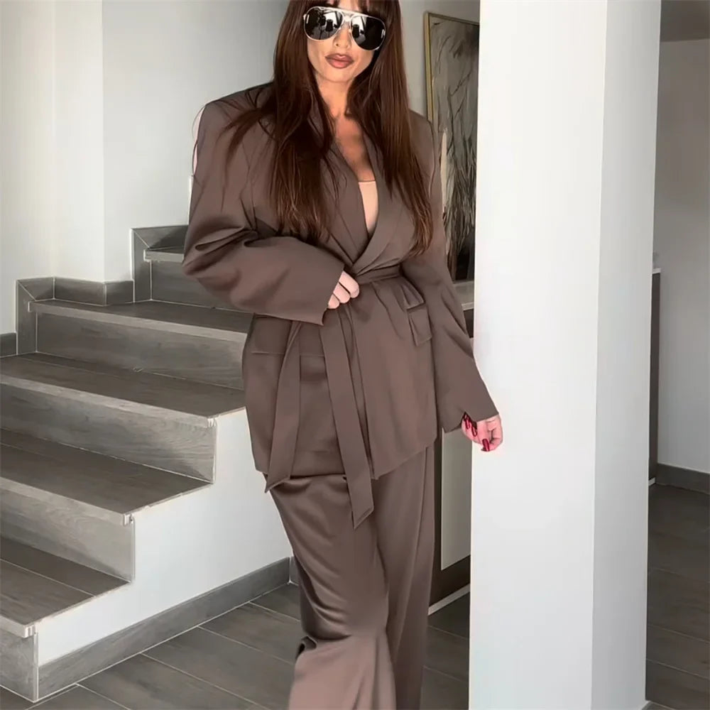 Elegant Women's Casual Suit Jacket and Pants Set with Belt for Stylish Office and Leisure Wear
