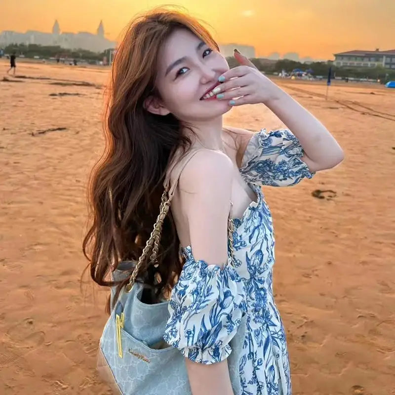 One Shoulder Puff Sleeve Summer Dress For Women Beach