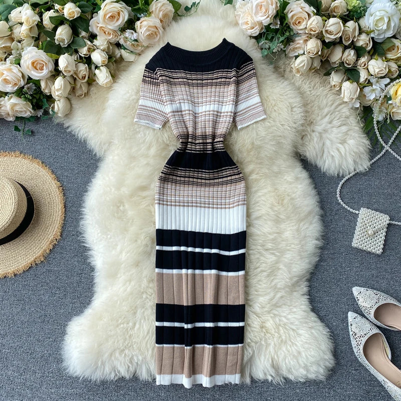 Wrap Bodycon Dress Women Knitted Striped Long Summer Dress
