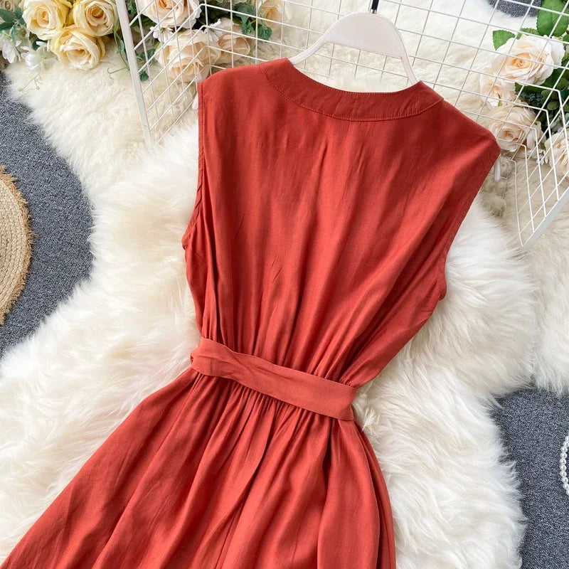 Sleeveless Summer Dress Solid Colors Green Blue Yellow Casual