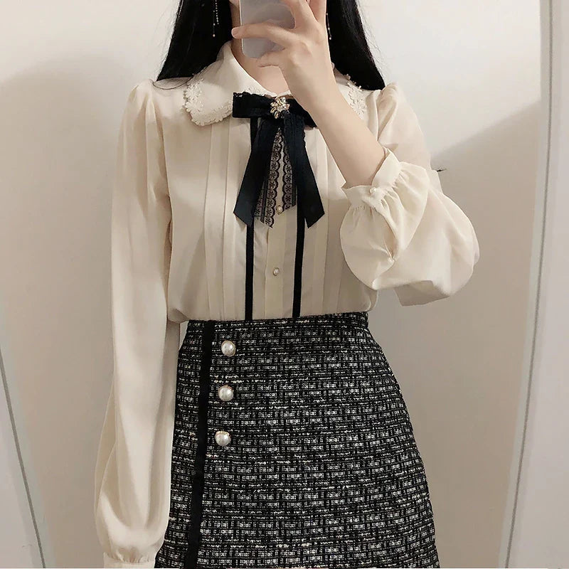 Elegant Vintage Button-Up Blouse for Women Cute Preppy Style Formal Work Shirt with Japanese Korean Inspired Design