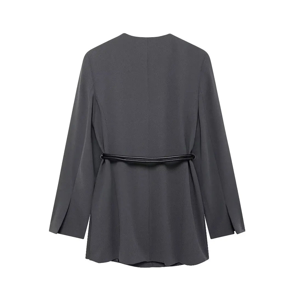 Women's Fashion Long Sleeve Suit Jacket with Belt and Zipper Straight Pants Set