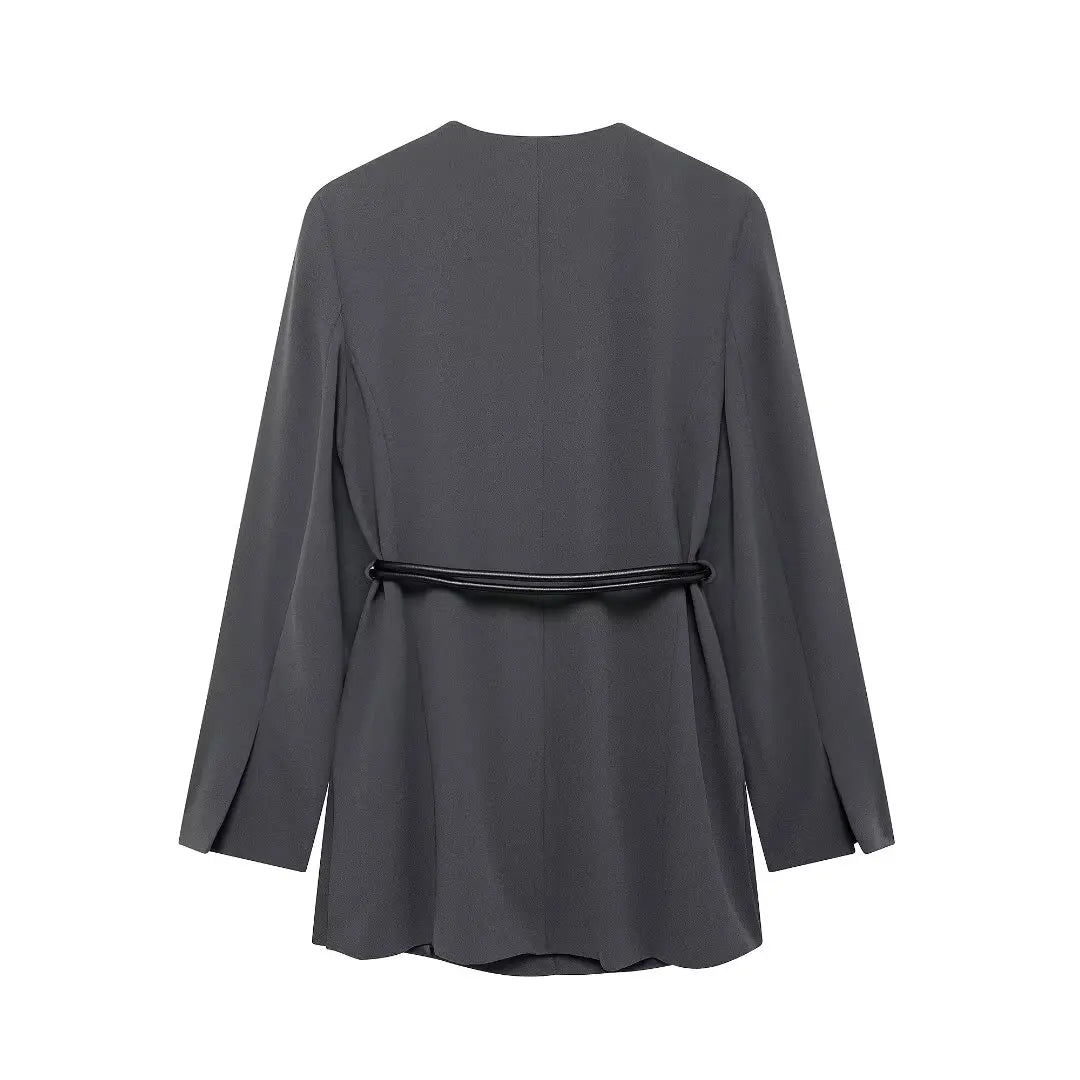 Women's Fashion Long Sleeve Suit Jacket with Belt and Zipper Straight Pants Set