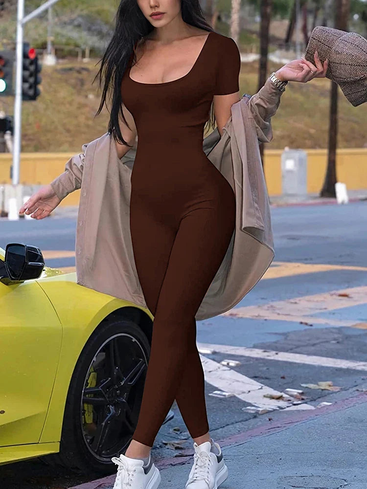 Women's Slim Fit One-Piece Yoga Jumpsuit with Round Neck and Short Sleeves Solid Color Fitness Sportswear