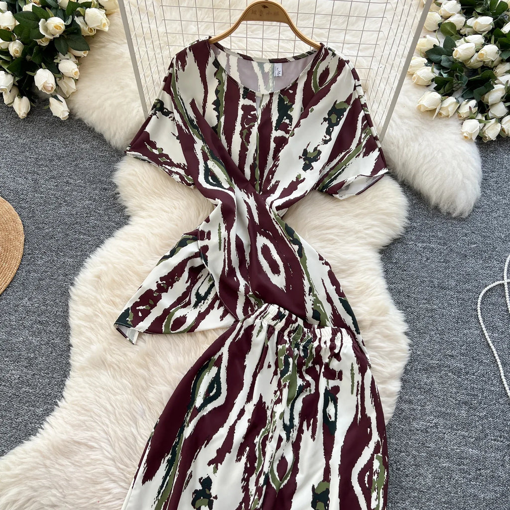 Printed Women Summer Fashion Two Piece Set with Short Sleeve Top and Wide Leg Long Pants for Casual Streetwear Outfits