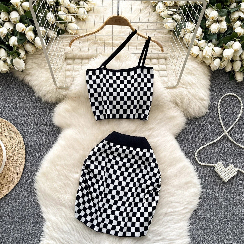 Women's Plaid Strapless Mini Top and High Waist Bodycon Skirt Set Casual Knitted Two-Piece Outfit