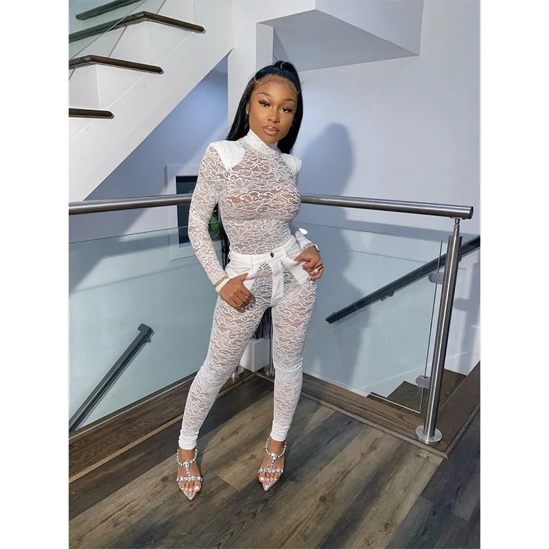 Lace Hollow Out Bodysuit and Pants Set for Women - Slim Fit Midnight Party Bodycon Outfit for Cocktail Events