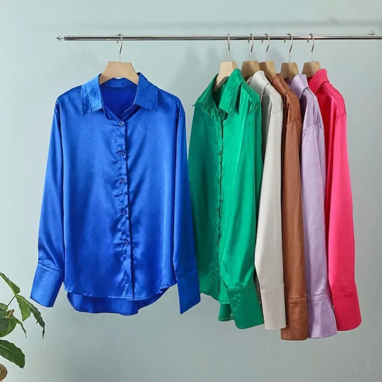 Elegant Satin Long Sleeve Blouse for Women Vintage Blue Green Silk Casual Loose Button Up Shirt Stylish and Comfortable Female Tops