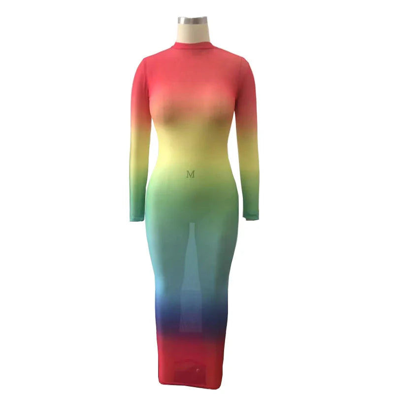 Rainbow Gradient Sheer O Neck Dress For Clubwear Nights