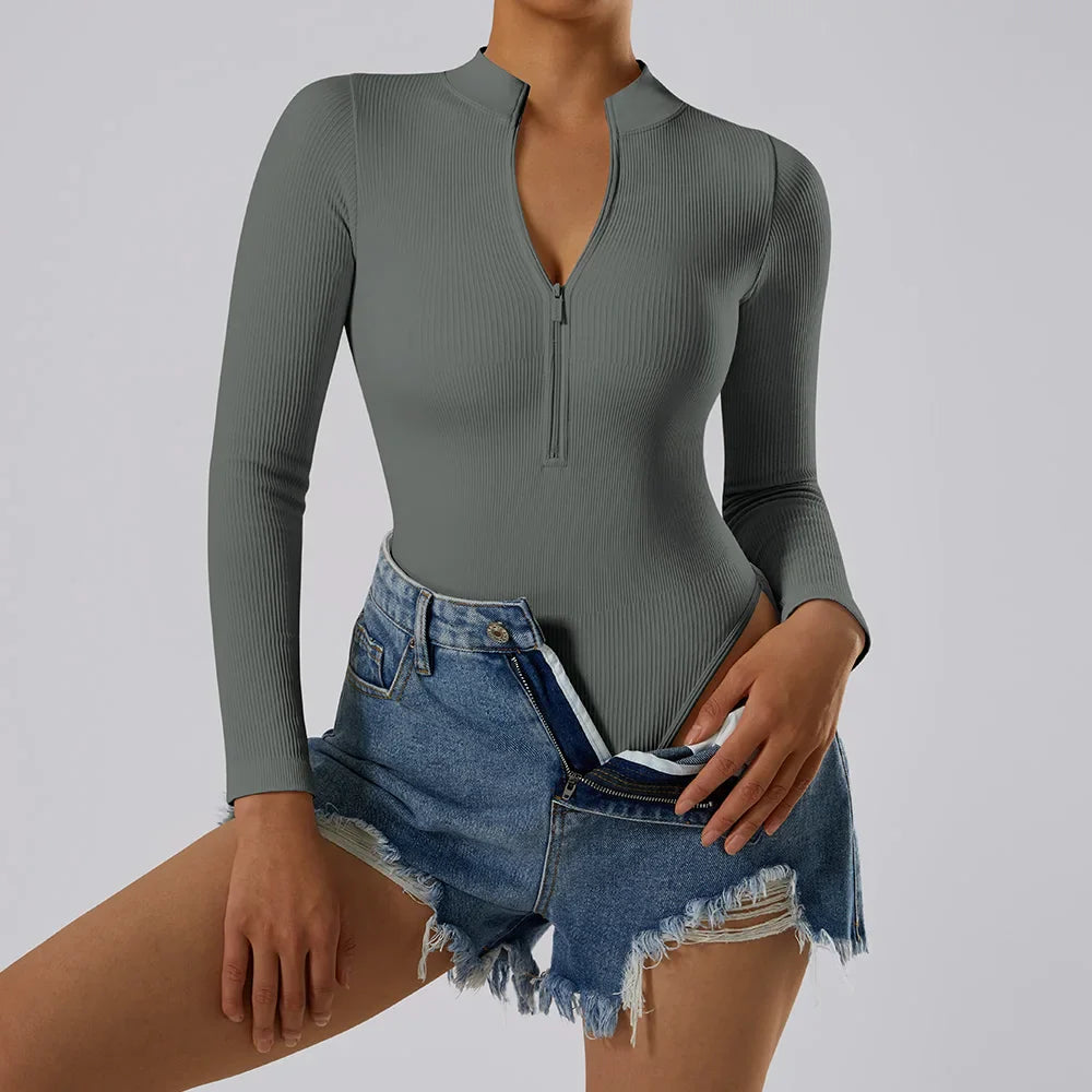 Bodycon Slim Fit Zipper Jumpsuit for Women Casual Brown Fitness Romper Streetwear Playsuit Overall