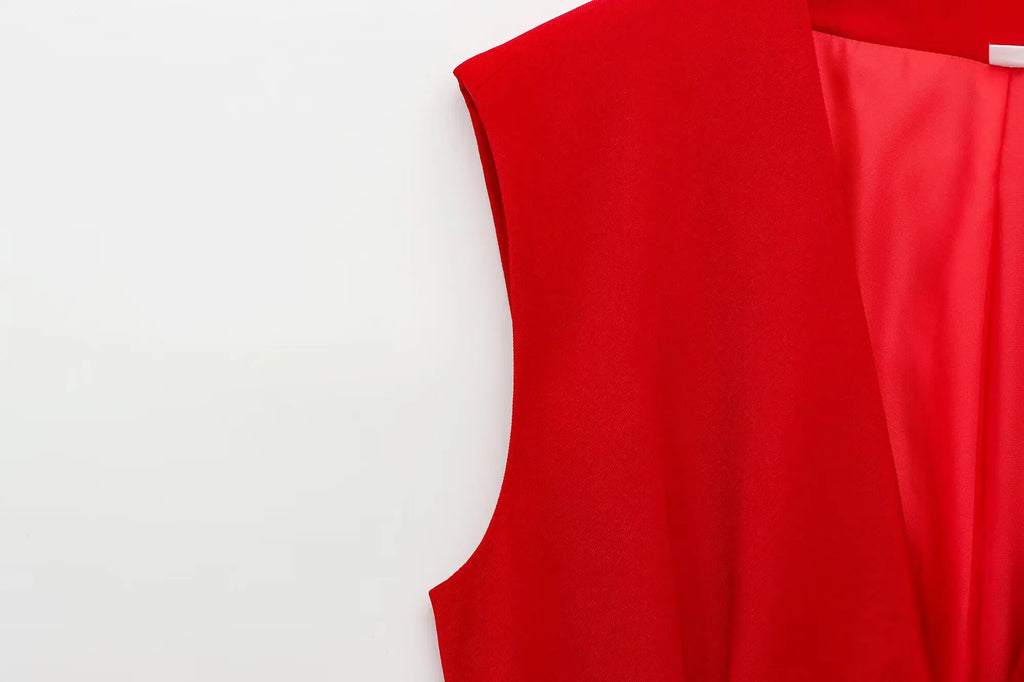 Elegant Red Belted Vest and Flared Pants Suit for Women Stylish and Versatile Two-Piece Outfit with Simple Chic Design