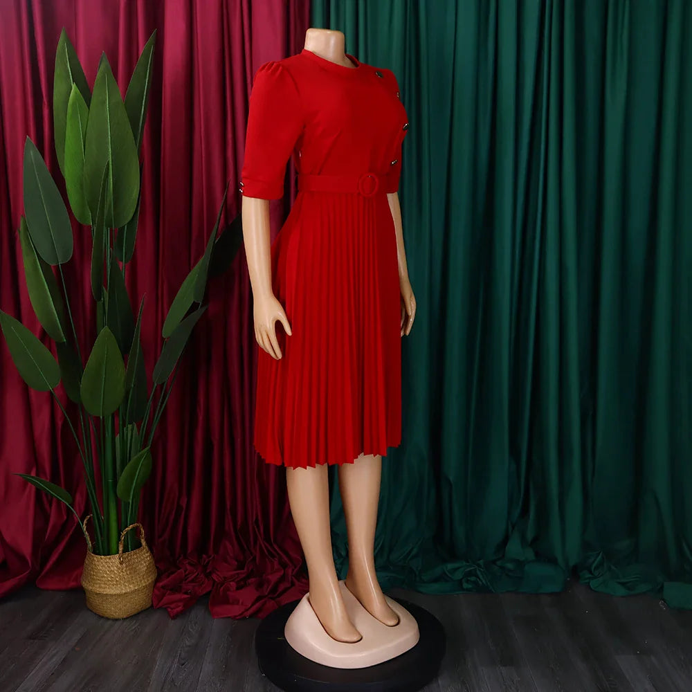 Elegant Pleated Dress for Women Formal Half Sleeve Belted
