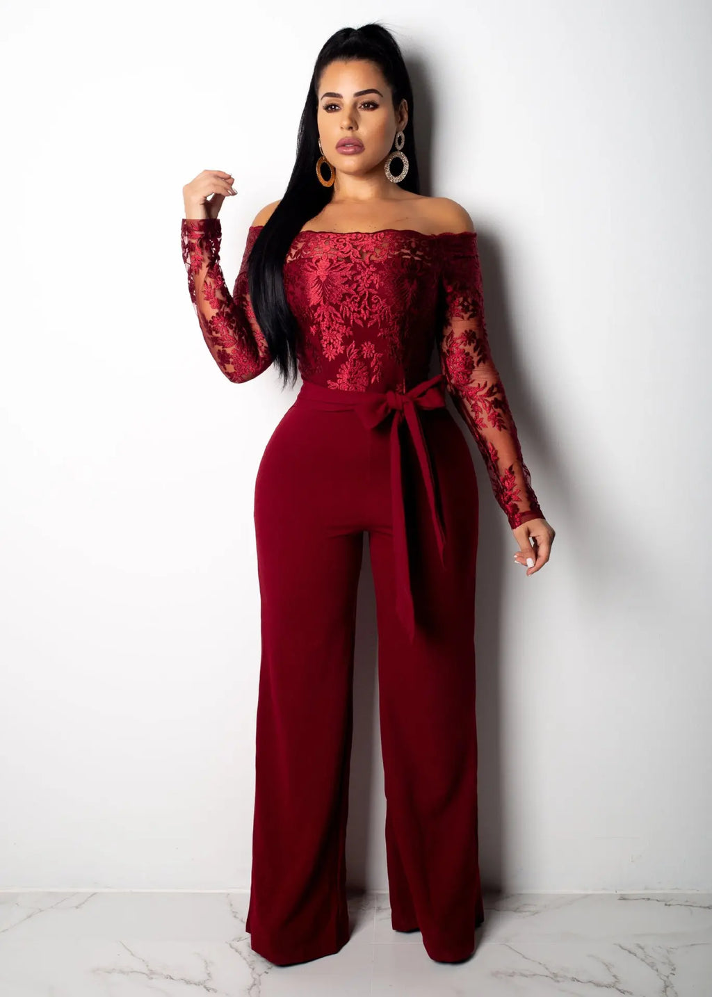 Appliques Lace Patchwork Off Shoulder Jumpsuit for Women with Slash Neck Long Sleeve and Elegant Wide Leg Pants Party Overalls