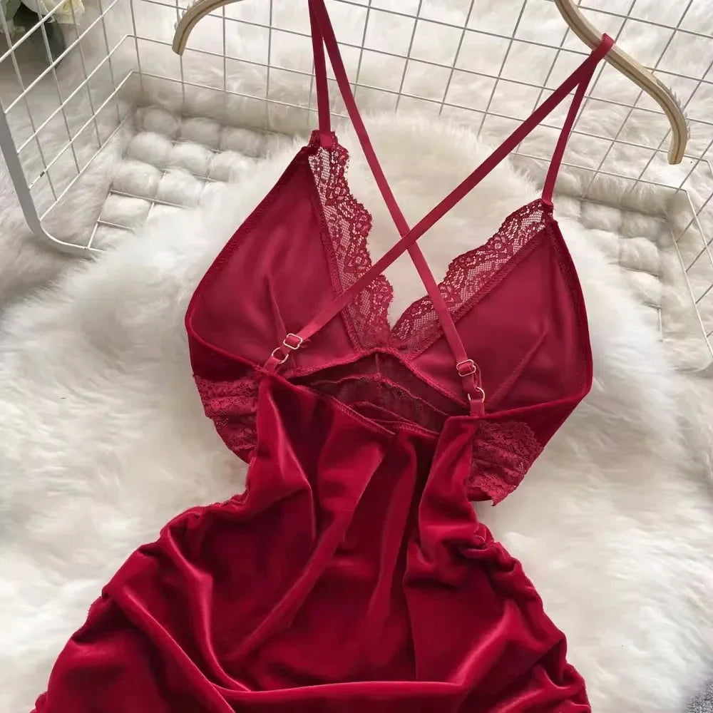 Golden Velvet Backless Lingerie With Lace Trim Sleep Dress