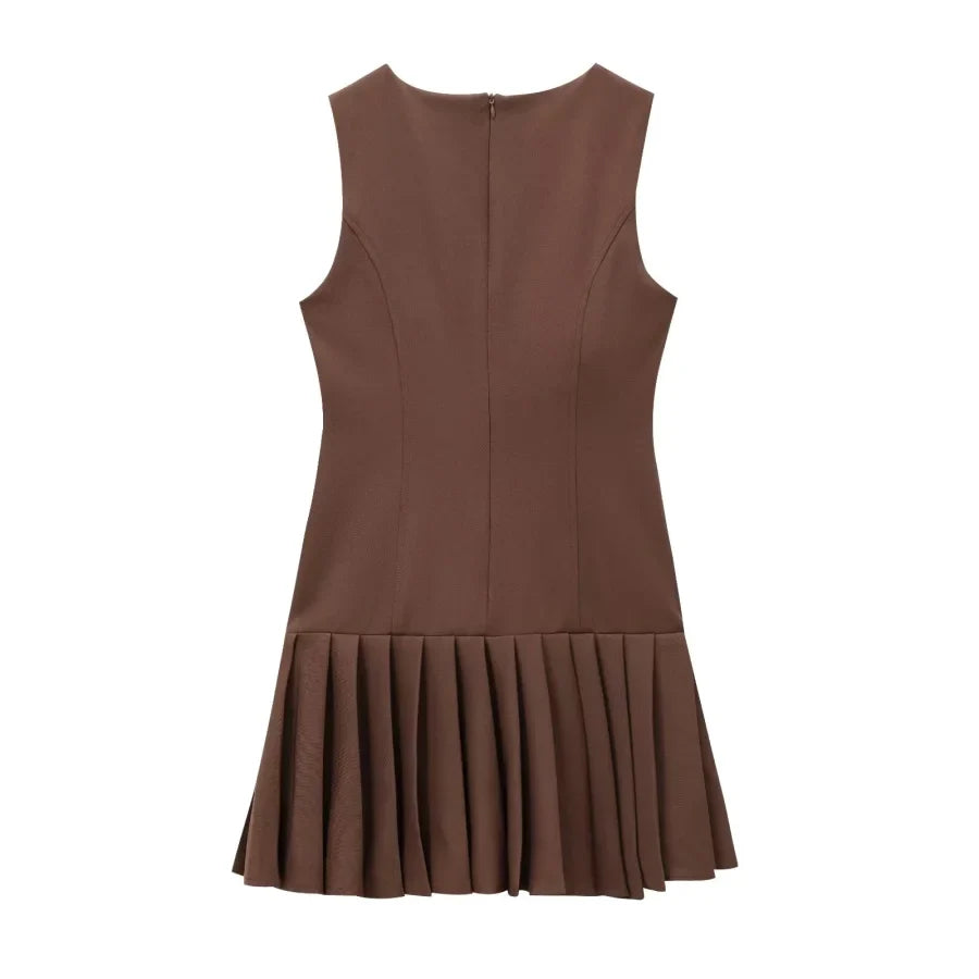 3D Cutout Mini Dress Pleated Skirt Brown Sleeveless