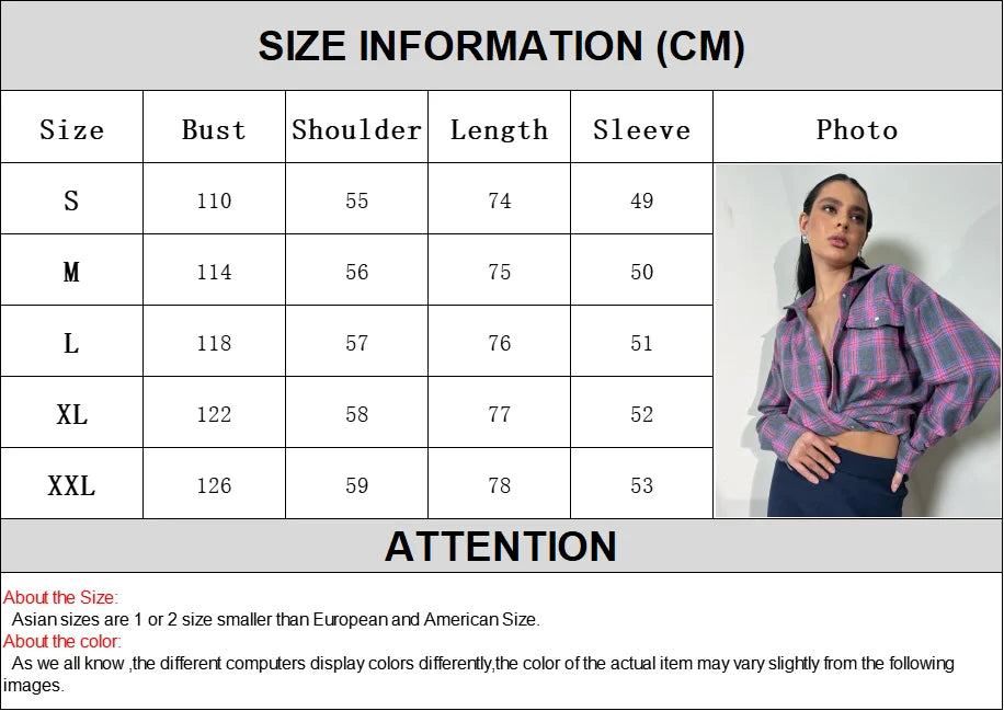 Vintage Plaid Oversized Blouse for Women Long Sleeve Lapel Shirt with Pockets Casual Streetwear Spring Summer Fashion Top