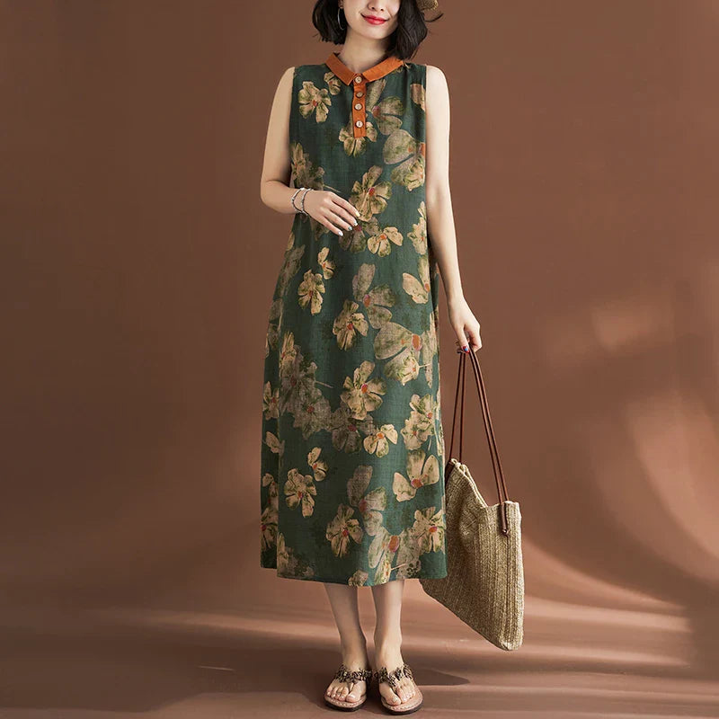 Printed Linen Sleeveless Dress for Women Summer Casual