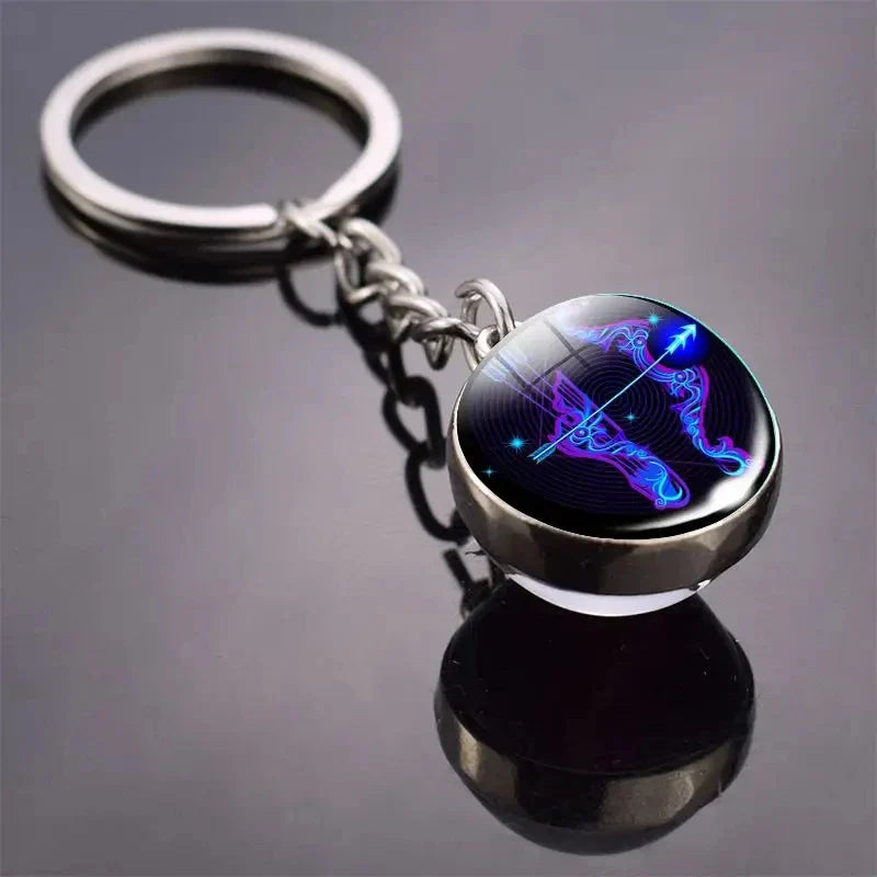 Luminous Zodiac Key Chain Double Sided Glass Ball Pendant for Men and Women Birthday Gift