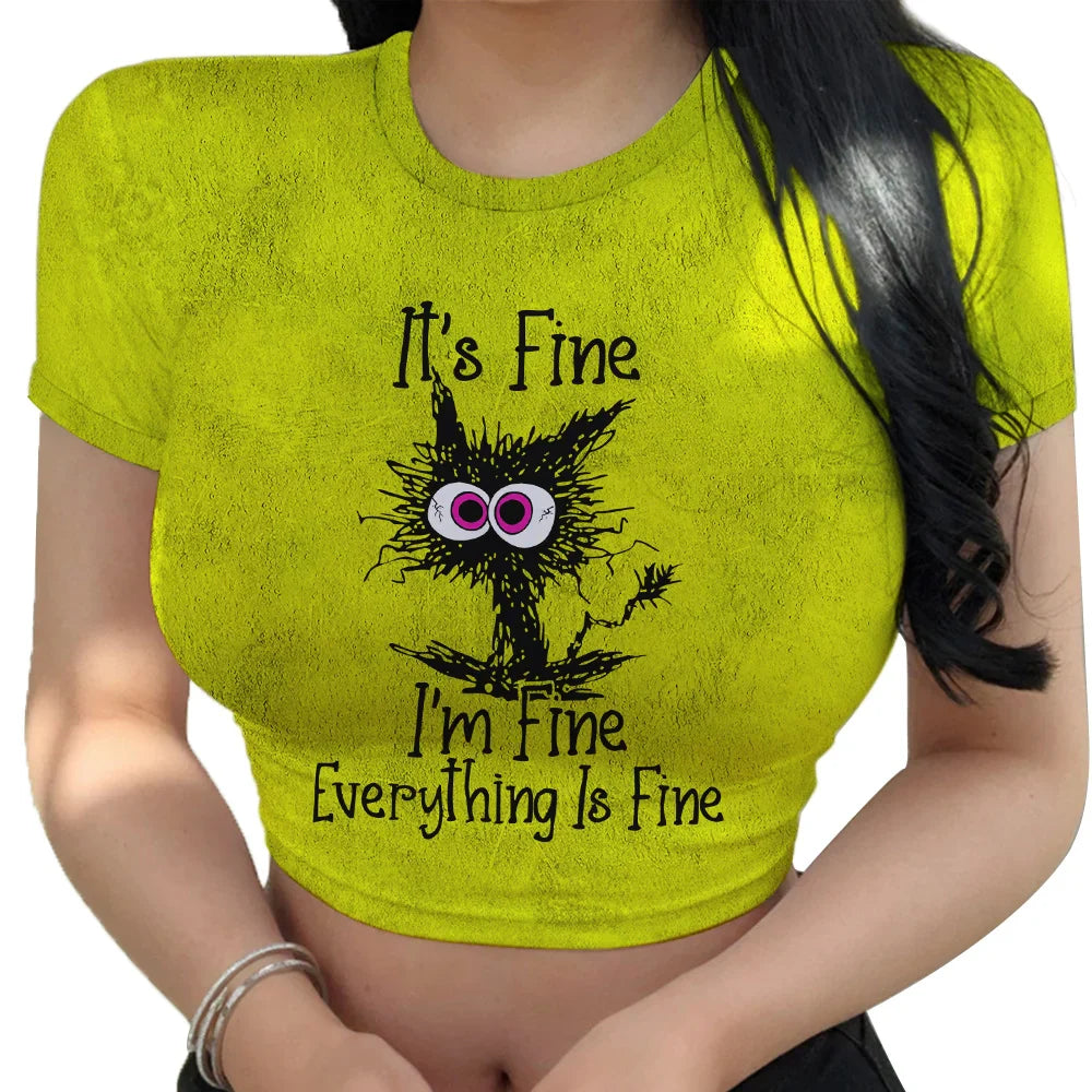 Funny Cat Print Women's Graphic Crop Top Slim Fit Short Sleeve T Shirt