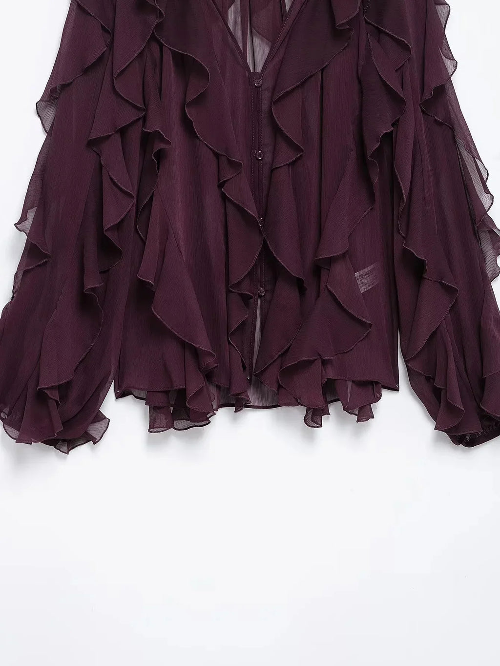 Burgundy Mesh Ruffle Blouse for Women Long Sleeve Sheer Loose Fit Elegant Party Top