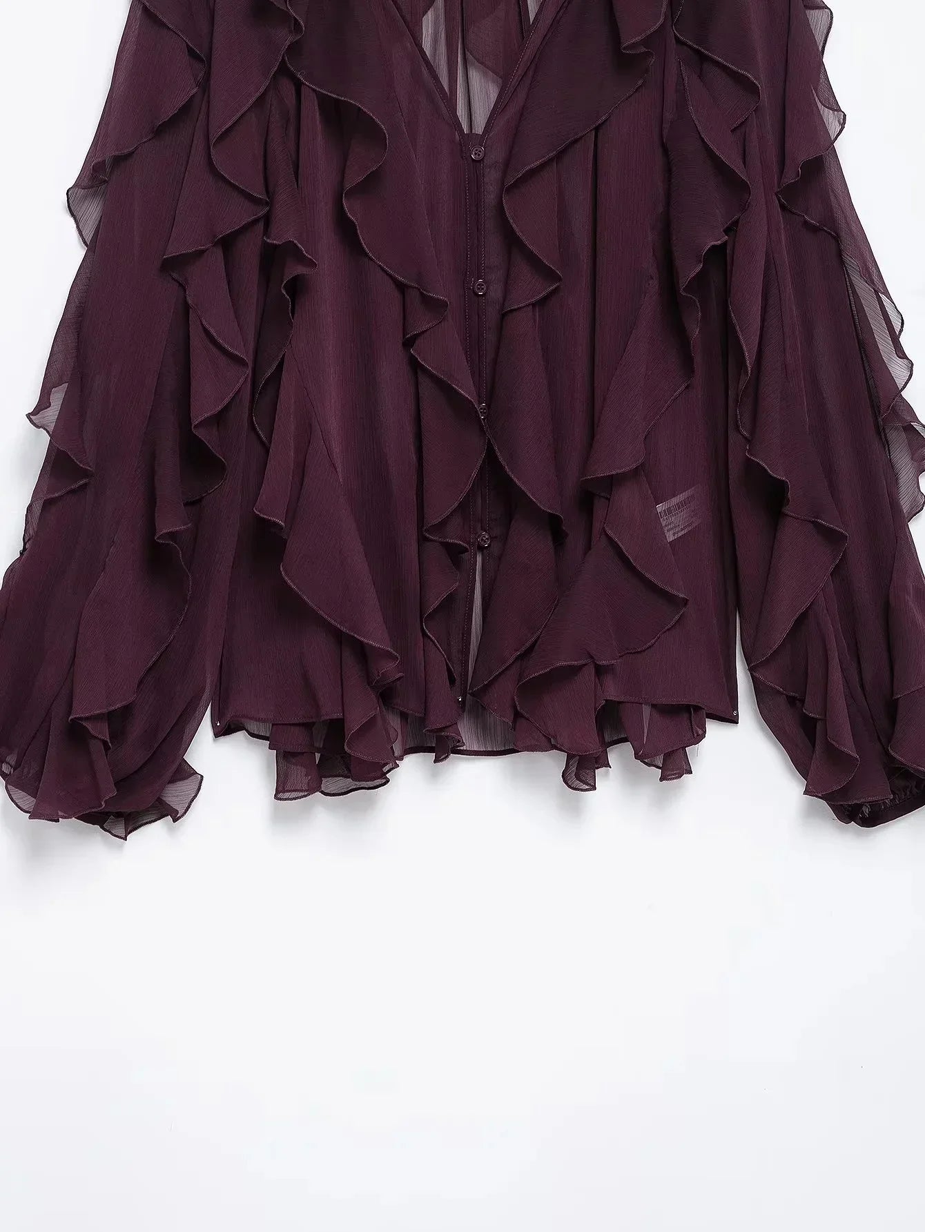 Burgundy Mesh Ruffle Blouse for Women Long Sleeve Sheer Loose Fit Elegant Party Top