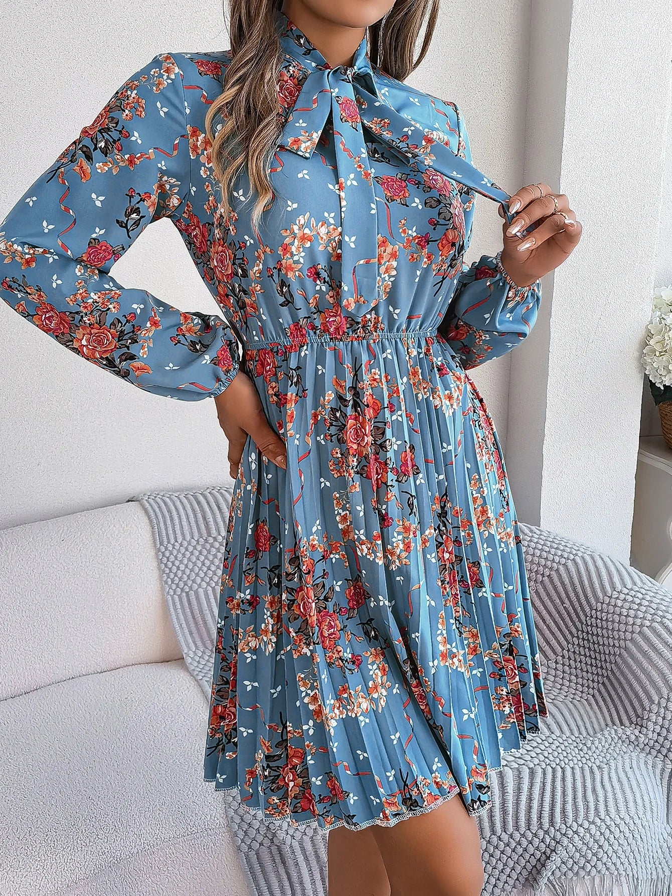 Floral Print Lace Up Long Sleeve Pleated Dress With Bow