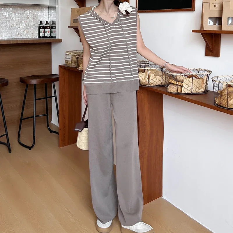 Women Casual Summer V-Neck Striped Tank Top and High Waist Wide Leg Pants Set