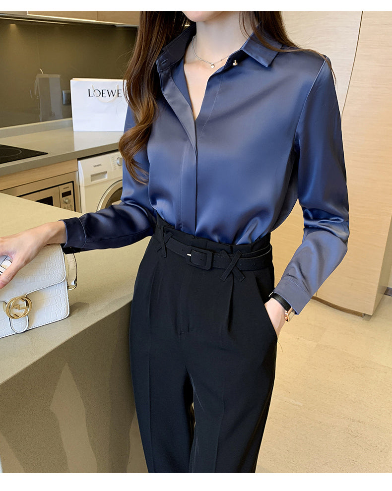 Elegant Satin Women Blouse Long Sleeve Shirt Autumn Fashion Tops for Ladies Office and Casual Wear